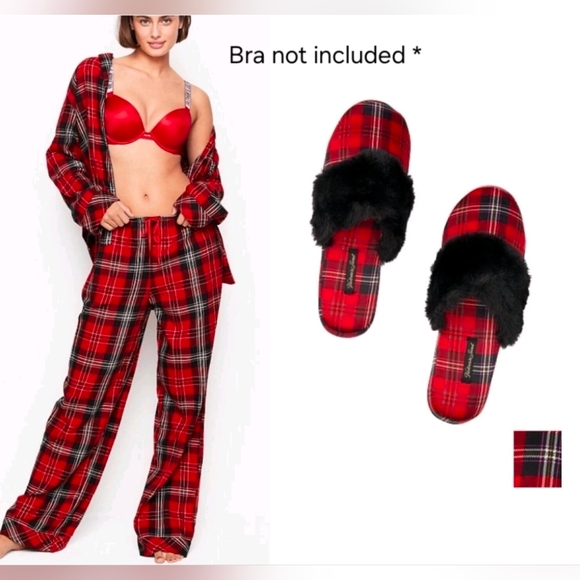 Victoria's Secret Red Plaid Pajama Set Size XS with Slippers Size M